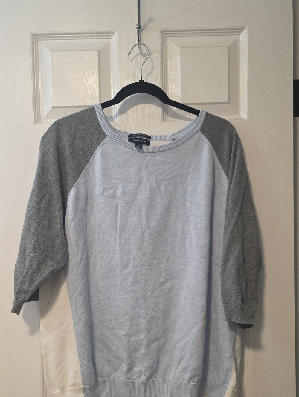 Lands' End Two-Tone Raglan Sweater - Light Blue & Gray 3/4 Sleeve
